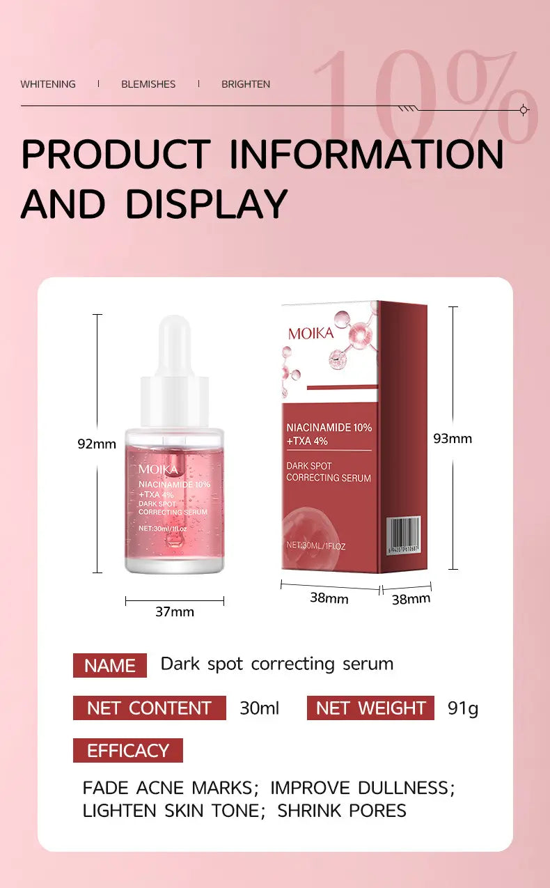 a sleek transparent glass bottle containing pink niacinamide 10% tfa 4% dark spot correcting serum with a white dropper cap from the brand moika