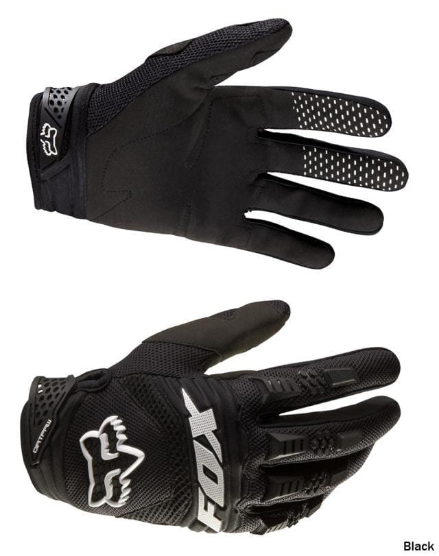 Black Fox Racing motorcycle gloves in black with white logo and breathable perforated palm design shown from the backside for motocross protection.
