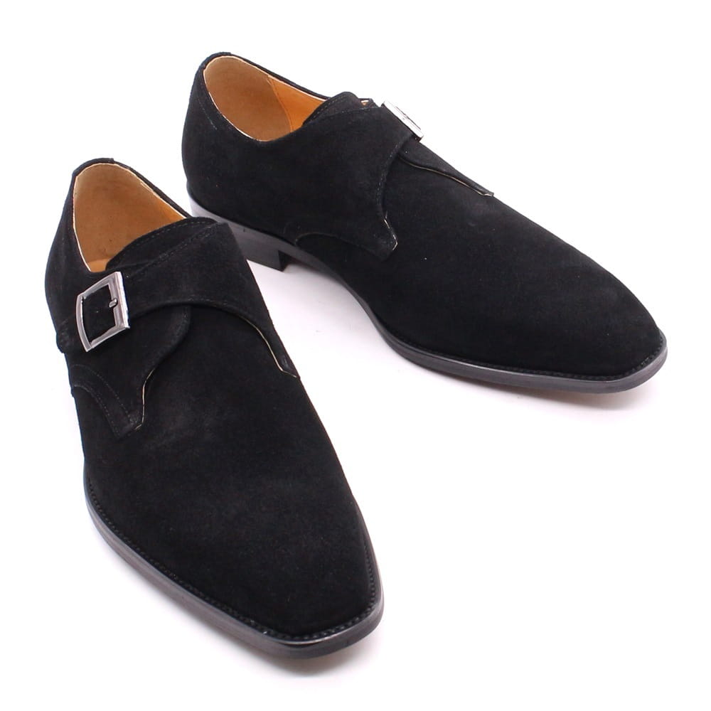 Handmade brown suede monk strap shoes with dark brown toe cap and silver buckle for men’s business casual wear.