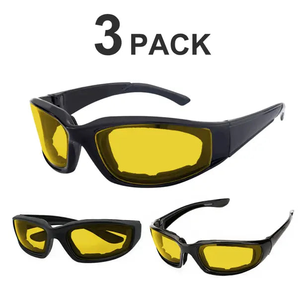 Black-framed anti-glare motorcycle riding glasses with vibrant yellow lenses and padded frames designed for enhanced visibility and style in a 3 pack.