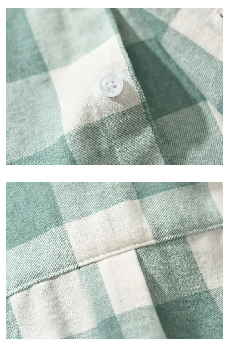 Herren-Karos-Flanellhemd mit Knopfleiste und Strickcardigan-Design in Minzgrün und Off-White mit transparentem Kunststoffknopf.