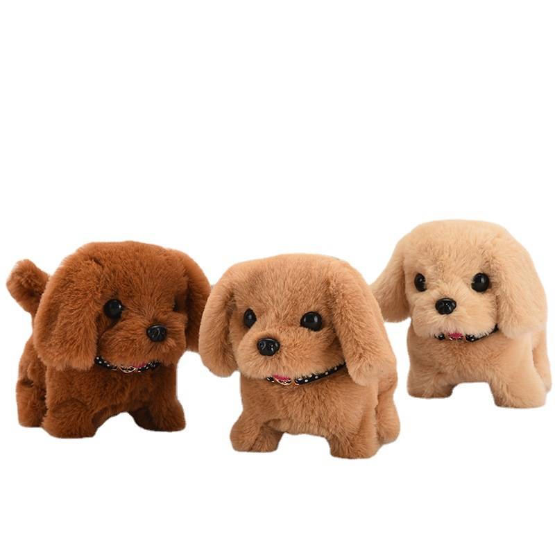 Drei plüschige, flauschige Stoffhunde in unterschiedlichen Brauntönen mit schwarzen Knopfaugen und Nasen, entworfen als interaktive elektrische Plüsch-Hundespielzeuge für Kinder.