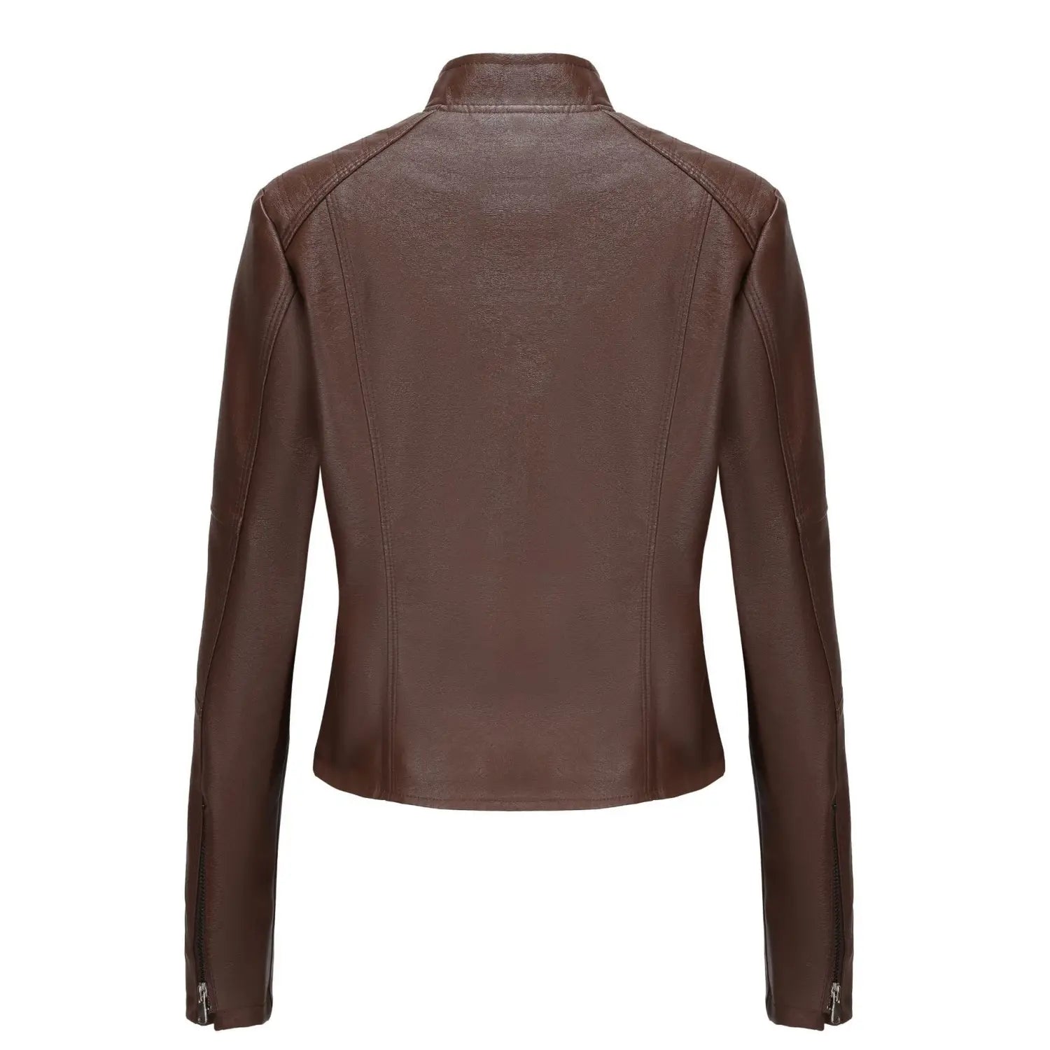 Veste motard en faux cuir marron avec col classique et détails de fermeture éclair au niveau des poignets.