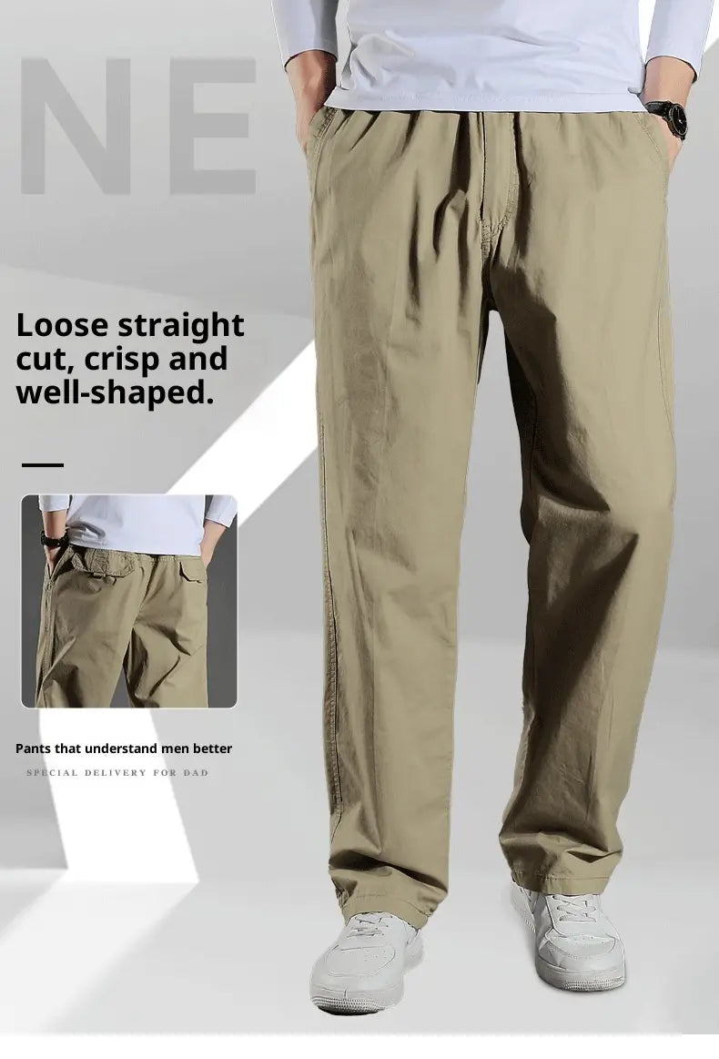 Men’s Japanese style cotton straight leg workwear pants in khaki with loose straight cut cargo design multiple pockets and drawstring waist.