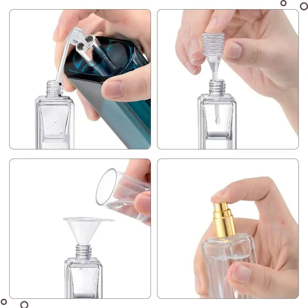 Clear glass perfume bottle with a gold-tone spray nozzle included in a 3-piece essential oil dispenser tool set with mini funnels.