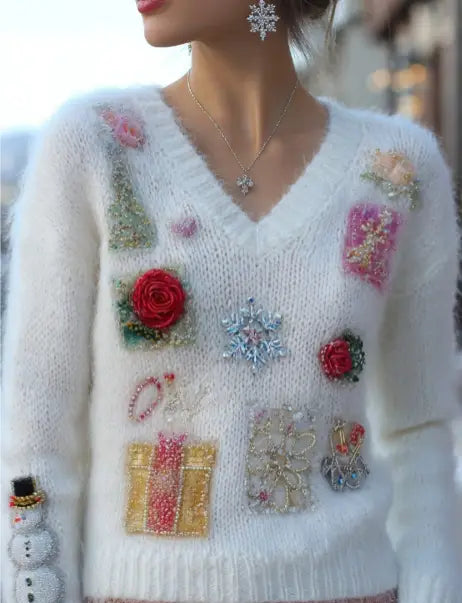 Un pull en maille à col en V blanc pour femmes, avec des appliqués brodés colorés à thème festif et des ornements rehaussés de perles pour Halloween.