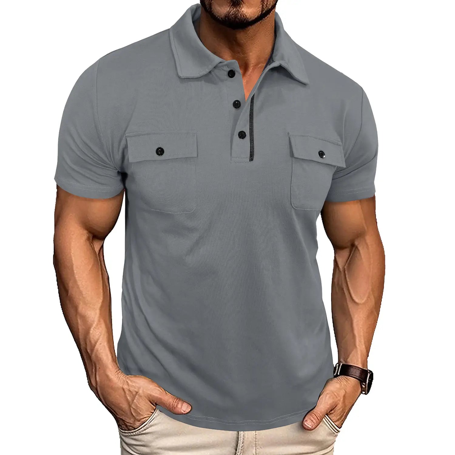Men’s gray dual pocket short sleeve polo shirt made of cotton blend fabric with black buttons.