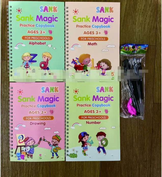 Set of four colorful sank magic practice copybooks for kids preschoolers with spiral-bound pages featuring alphabet, math, drawing, and number themes with cartoon illustrations.