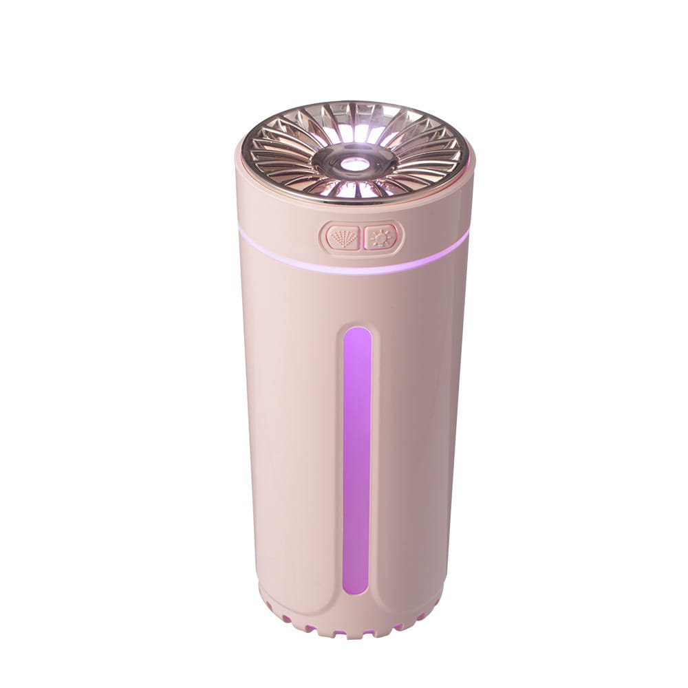 Phantom cup humidifier silent USB air diffuser in pink cylindrical design with metallic top and purple LED lighting.