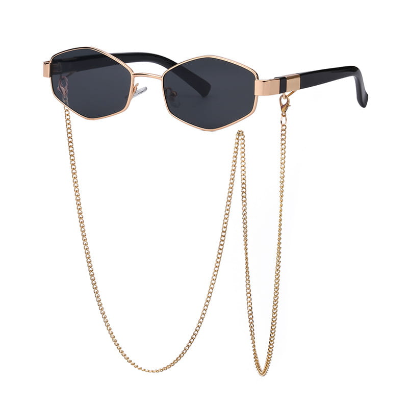 Women’s gold-toned octagonal sunglasses with black lenses and a matching gold chain strap featuring a gradient design.