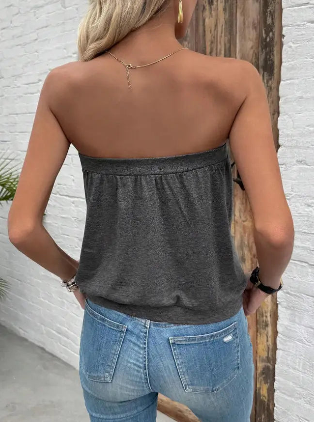 Haut tricot sans bretelles gris à la coupe décontractée, avec ceinture élastiquée, adapté comme haut décontracté sans manches