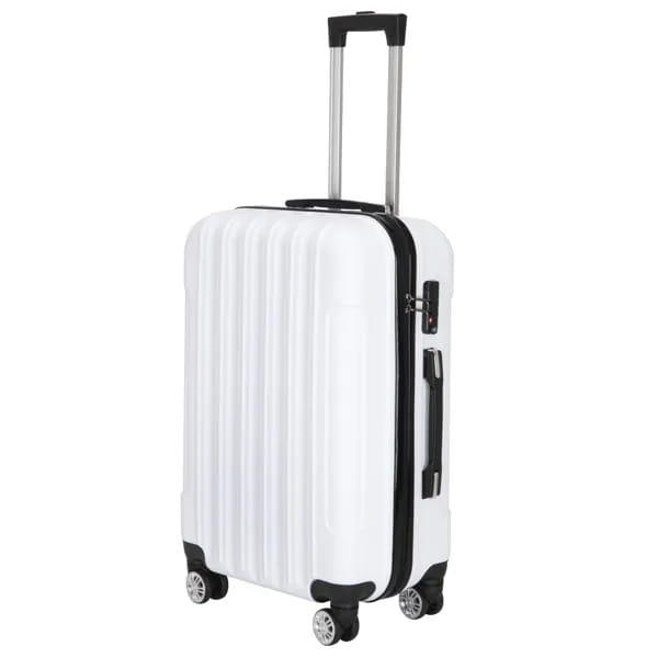 White hard shell spinner suitcase with black trim handle and wheels from a 3 piece hard shell suitcase set.