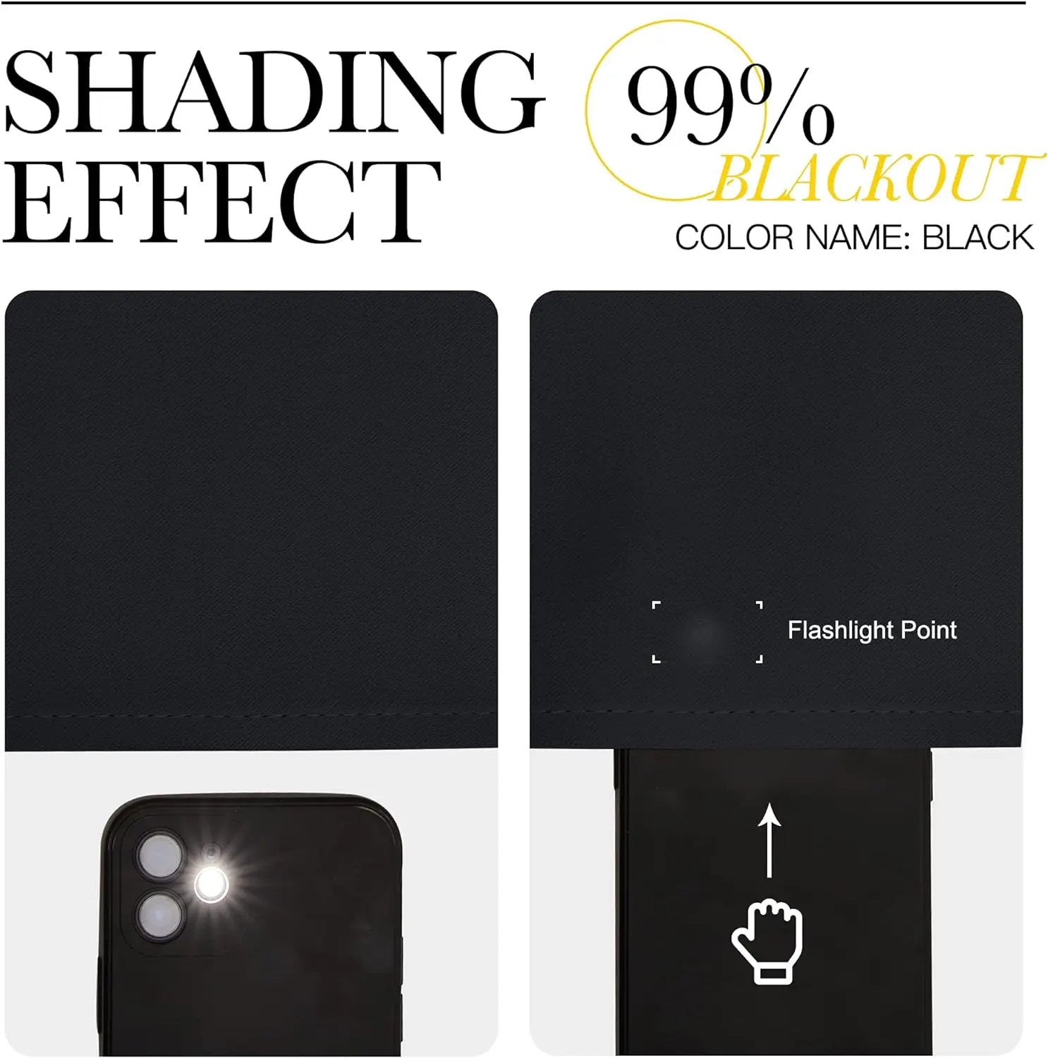 Black phone case with matte finish designed to block light completely and featuring precise cutouts for camera and flash shown from the back side alongside blackout curtains 3 layer eyelet pair cream 132x242cm.