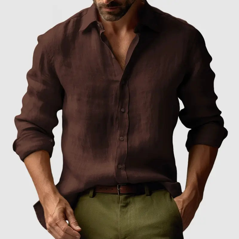 Men’s slim fit digital print linen blend casual shirt in dark brown featuring long sleeves with rolled cuffs and a classic collar.