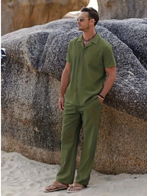 olive green linen mens beach shirt and pants two-piece set for casual summer outfit shown from the back side
