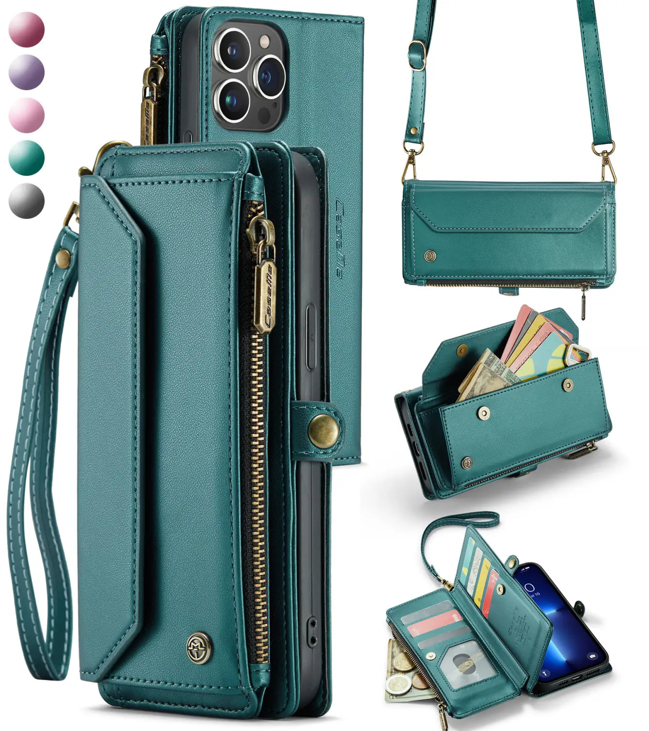 Teal leather wallet phone case with gold-tone zipper and hardware featuring a removable wrist strap and detachable crossbody strap.
