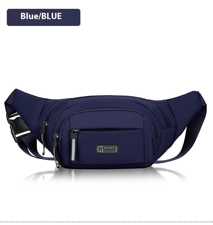 Navy blue r sport branded men’s waterproof nylon multifunctional crossbody waist bag with multiple zippered compartments and a reflective strip on the front zipper pull.