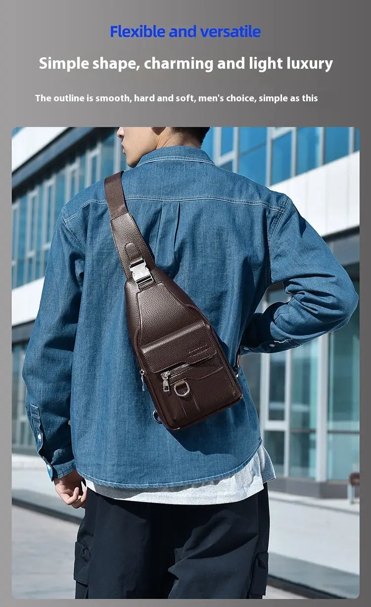 brown leather crossbody chest bag with sleek minimalist design and adjustable strap made of waterproof faux leather for men