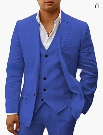 Costume trois pièces en lin bleu royal éclatant pour homme, avec gilet et pantalon assortis, confectionné dans une matière de coupe lisse, conçu pour une coupe slim, style décontracté, pour marié, banquet.