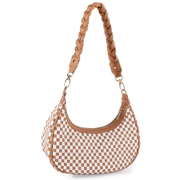 A tan and white checkered woven vegan leather hobo shoulder bag with a braided leather strap.