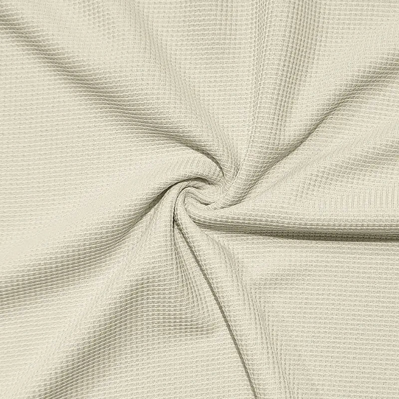 beige men’s long sleeve waffle knit thermal pullover fabric with a textured grid like pattern