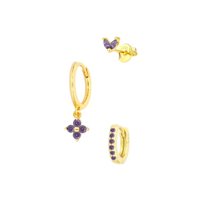 Gold hoop earrings featuring purple gemstones with a butterfly design and a floral pendant in a floral and butterfly gold hoop earring set with gemstones.
