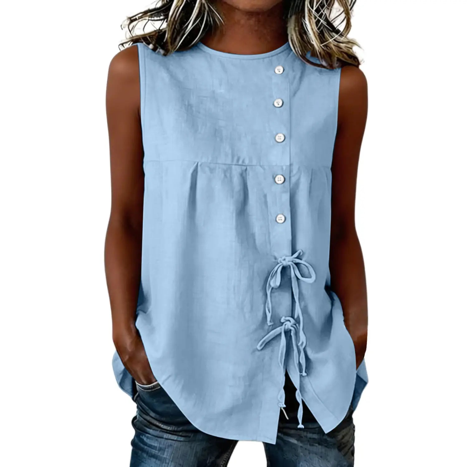 Light blue sleeveless tie side button down blouse with button-front closure and side tie details.