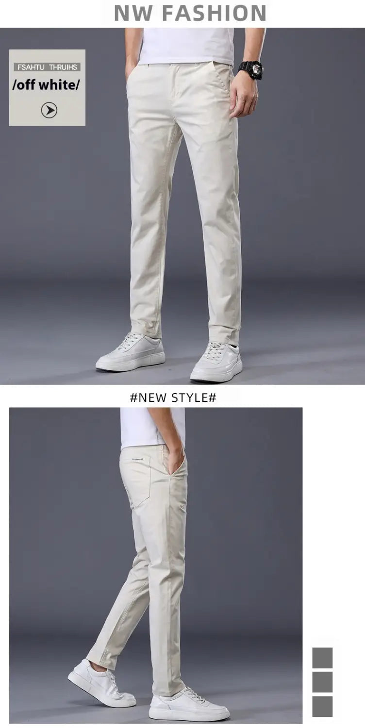 Off-White Herren-Chinohosen Slim Fit aus elastischer Baumwolle mit geradem Beindesign, geeignet für Freizeit- und formelle Kleidung.