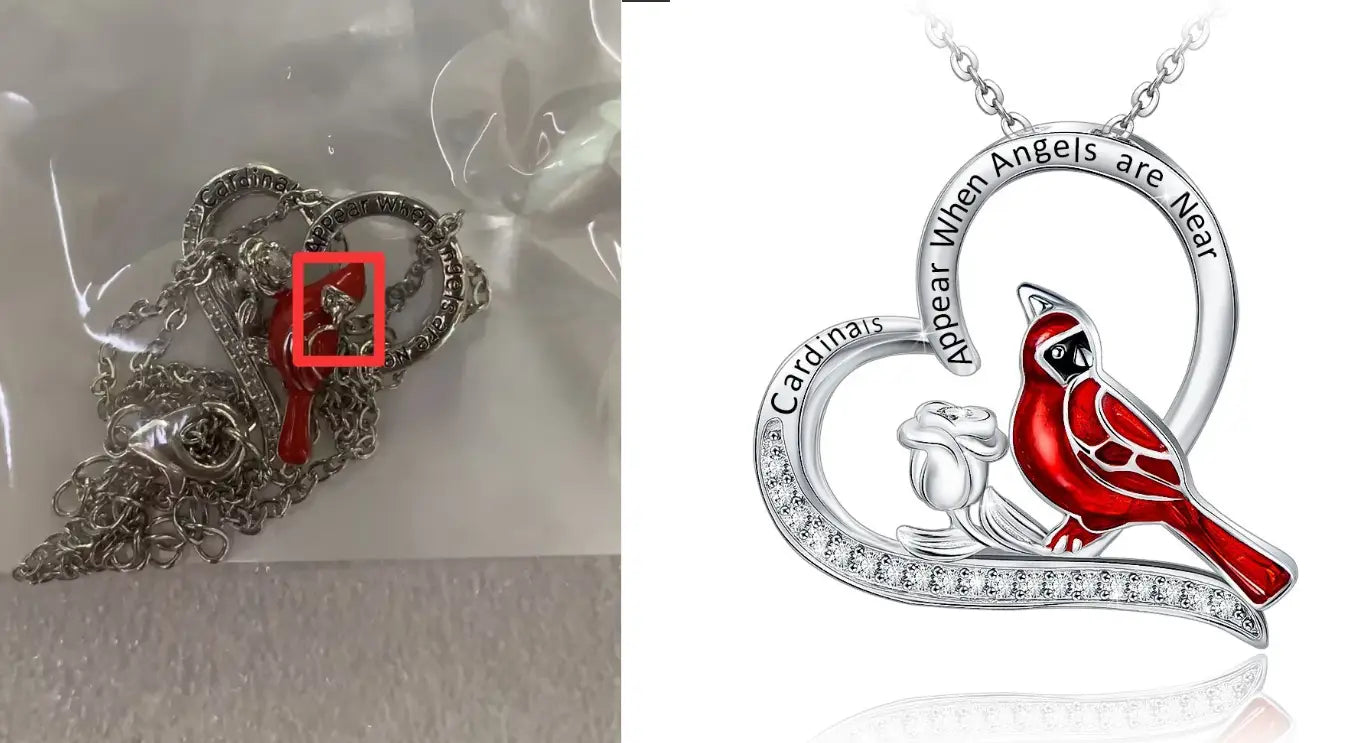 Silver cardinal heart engraved pendant necklace with a red and silver cardinal inside a heart-shaped frame engraved with cardinals appear when angels are near and adorned with clear stones.