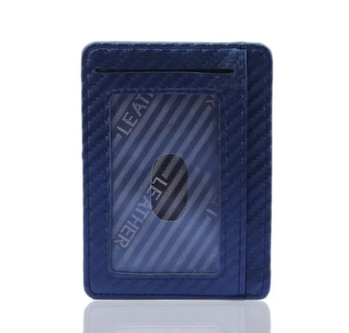 Slim carbon fiber rfid blocking pu leather wallet in dark blue with carbon fiber texture, transparent id window, and embossed leather text.
