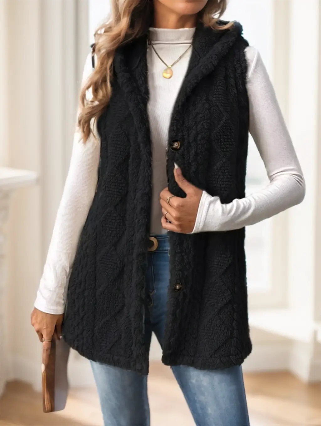 Schwarze Damen-Strickfleece-Weste mit Kapuze mit einer gemütlichen Kapuze und Knopfleiste vorne.