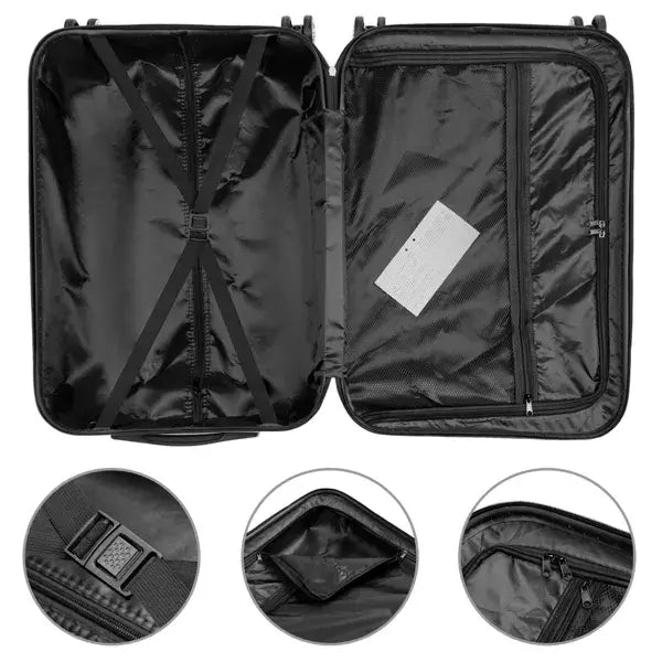 black hard-shell suitcase with a sleek modern design and reinforced interior compartments from the 3-piece navy blue hard shell spinner luggage set