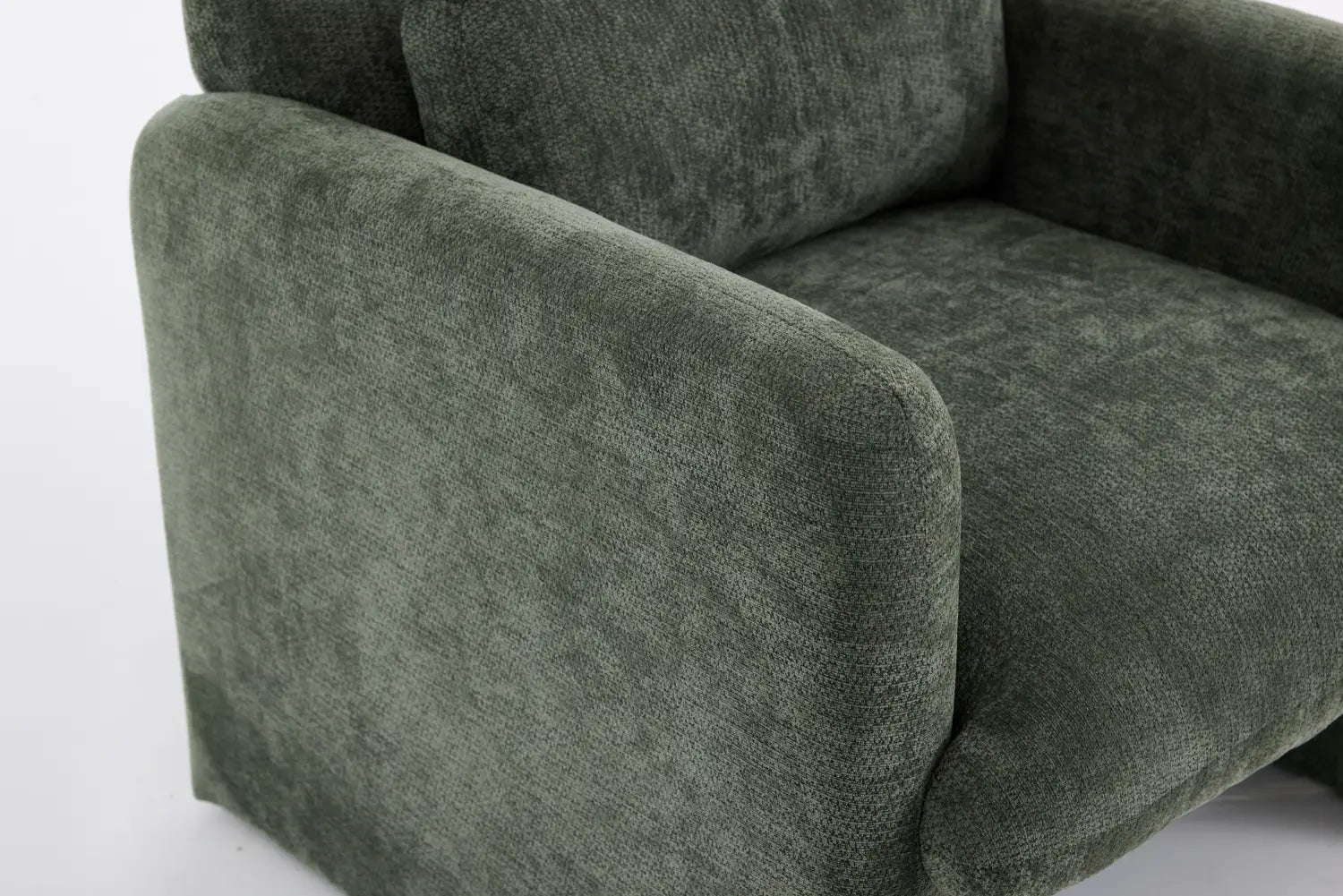 Dark green boucle fabric accent chair with textured upholstery plush rounded arms and a cozy cushioned seat.
