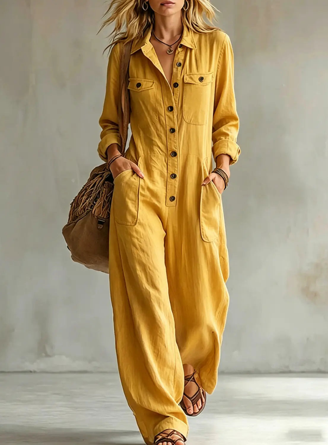Senfgelber Leinen-Casual-Jumpsuit mit langen Ärmeln, Knopf-Vorderseite und zwei Brusttaschen, geeignet für die Arbeitskleidung.