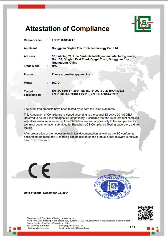 Ce compliance certificate for the flame humidifier RGB essential oil aroma diffuser model dq701 with 180ml capacity shown from the back side.