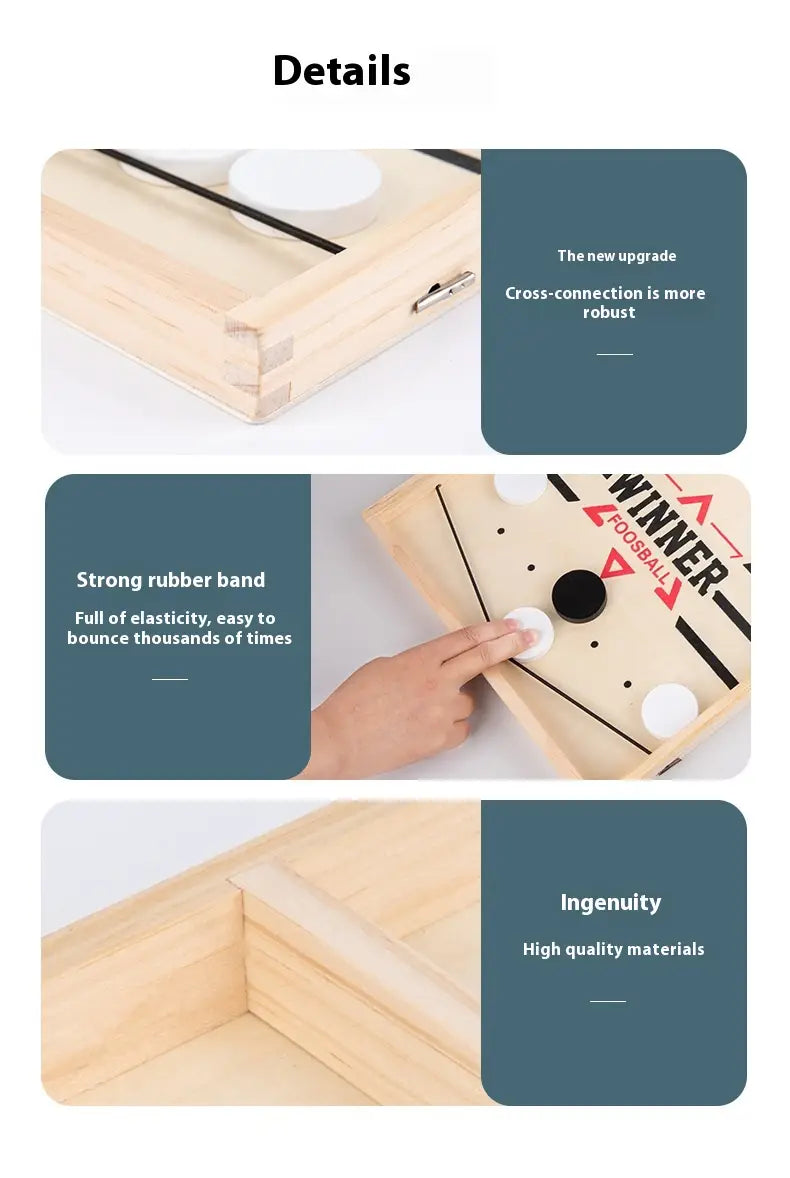 Jeu de palets de hockey sur air de table en bois : plateau de hockey de table en bois présentant une finition naturelle veinée du bois, table de baby-foot, billes noires et cibles circulaires blanches.