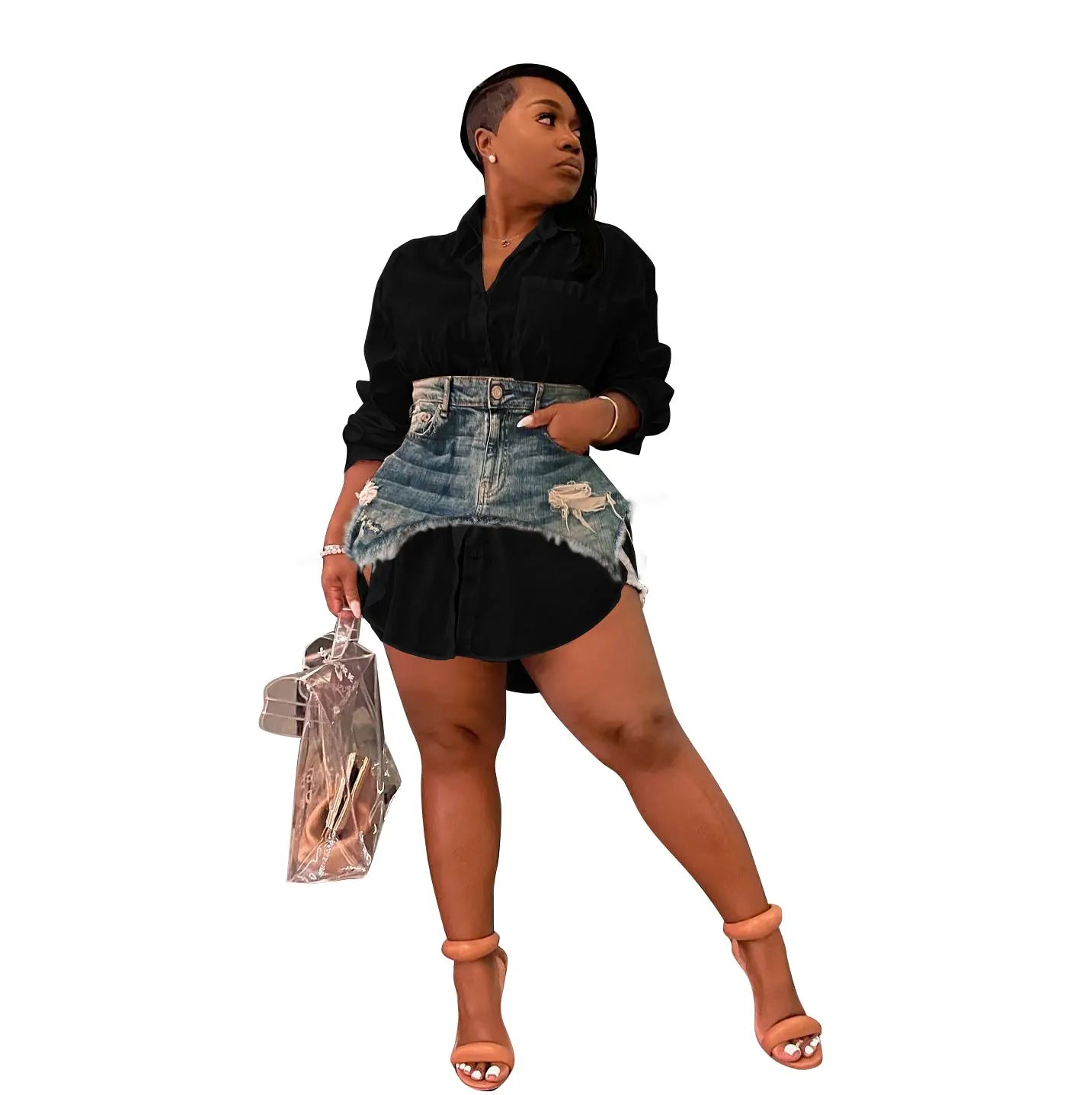 transparent silver metallic handbag with structured rectangular shape and visible handles paired with two piece denim mini skirt and button up shirt set