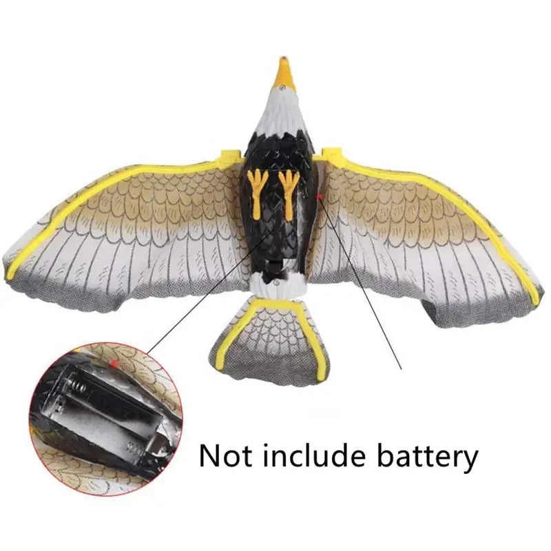Interactive flying bird cat toy featuring a detailed plastic eagle decoy with a white head black body and gray wings edged in yellow.