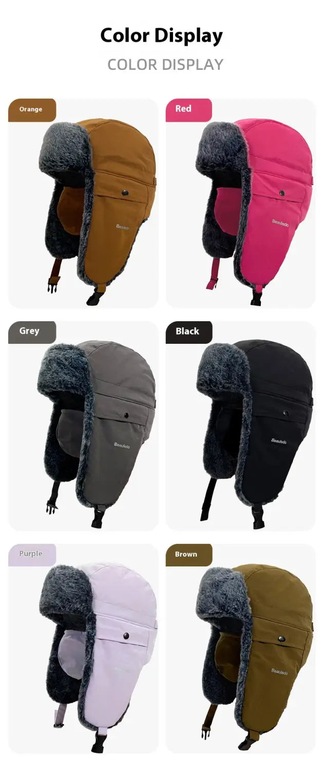 fleece-lined winter ushanka hat with plush gray faux fur trim and adjustable straps available in multiple colors including orange red grey black purple and brown
