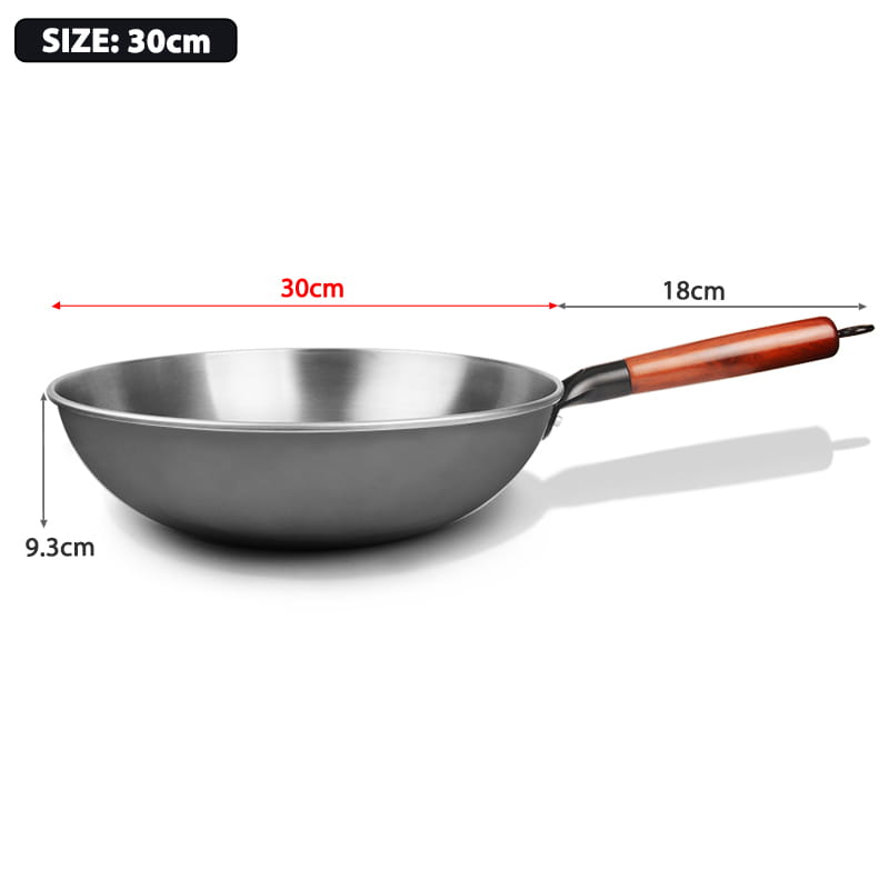 30-cm-Wok aus Edelstahl mit Holzgriff und einer aus Schmiedeeisen gefertigten Antihaftbeschichtung für effizientes Kochen.