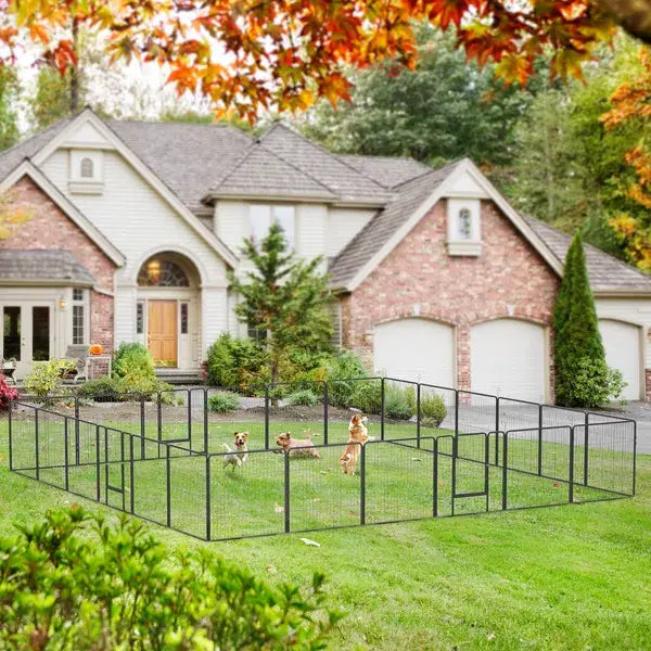 Black metal dog playpen with 24 interlocking panels and a gate for outdoor enclosure.