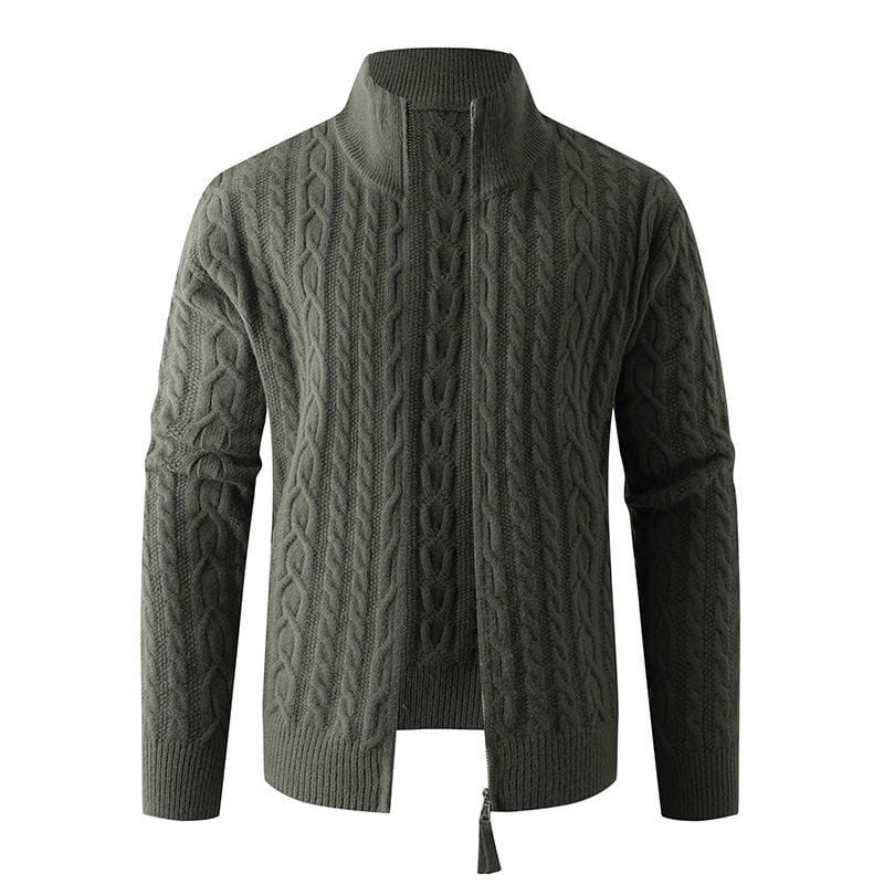 Men thick half zip cable knit sweater in dark olive green featuring a high collar and ribbed cuffs.