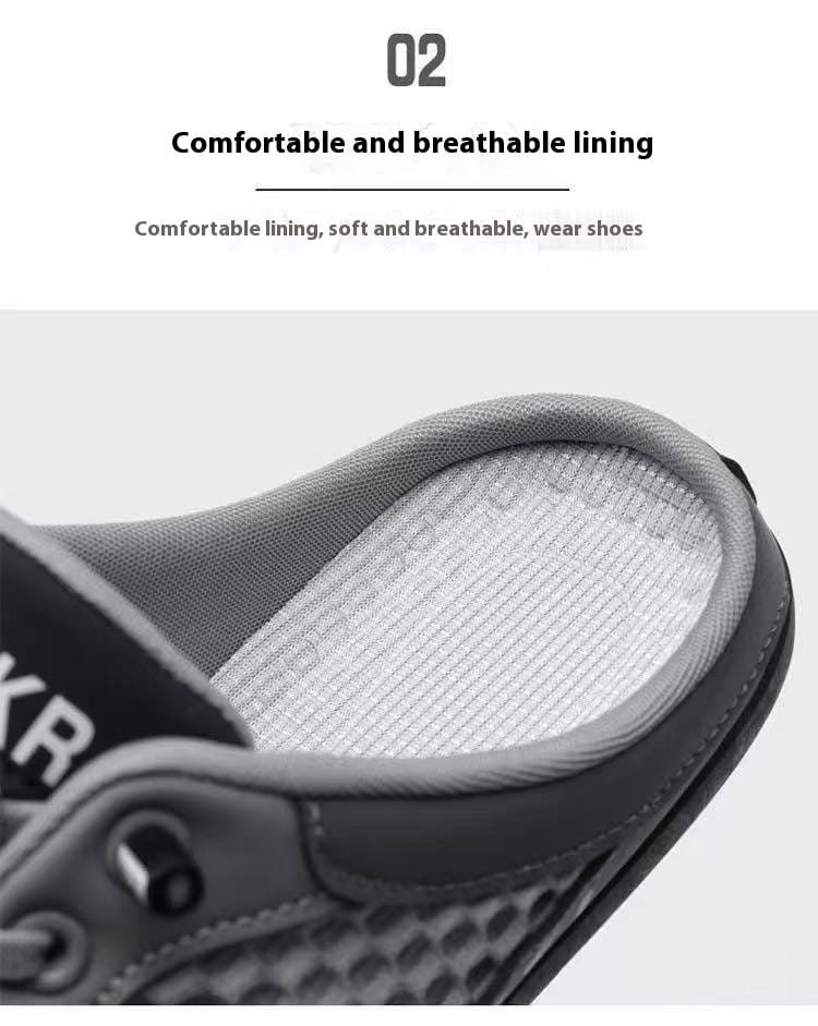 Doublure en maille grise à l’intérieur des baskets décontractées respirantes à enfiler en maille pour hommes, montrant un tissu souple et respirant pour un confort amélioré.