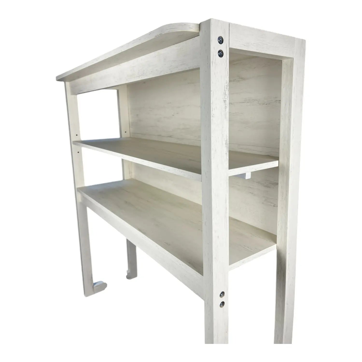 white distressed wood shelving unit with three open shelves and a curved top edge for kitchen organization in a 5-tier baker’s rack microwave stand in white and black