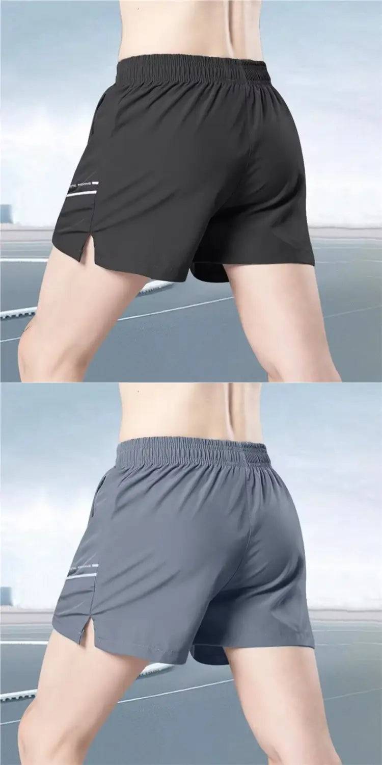 Black and gray ice silk quick-drying straight-leg athletic pants with elastic waistband and side pockets featuring reflective stripes.