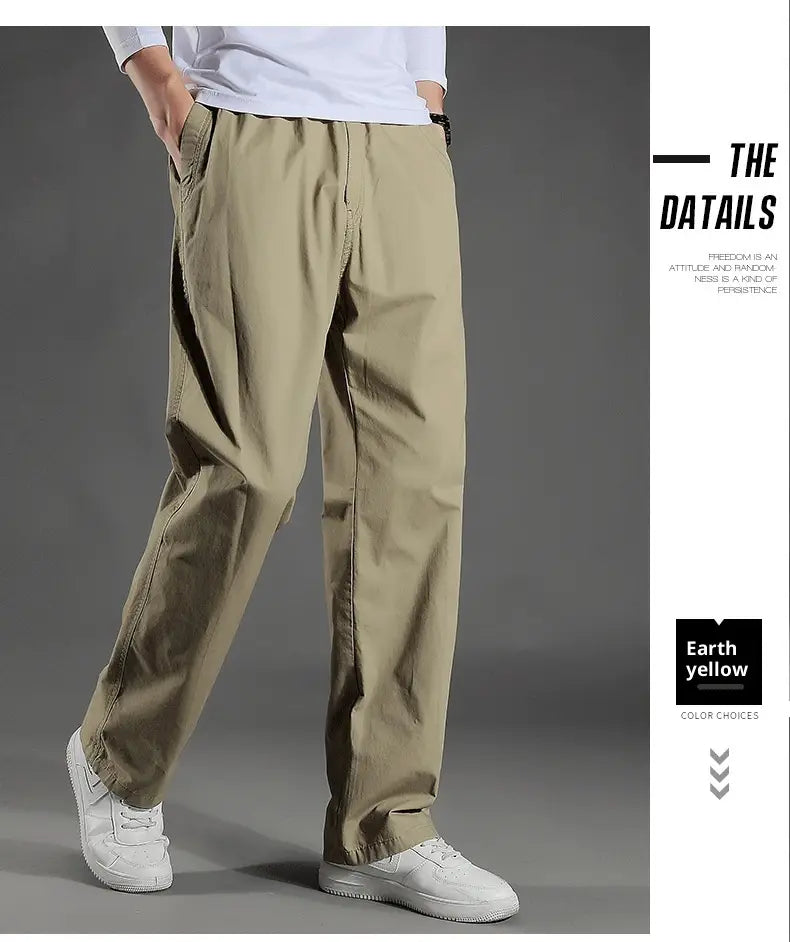 Men’s Japanese style cotton straight leg workwear pants in khaki with relaxed fit, drawstring waist, and multiple cargo pockets.