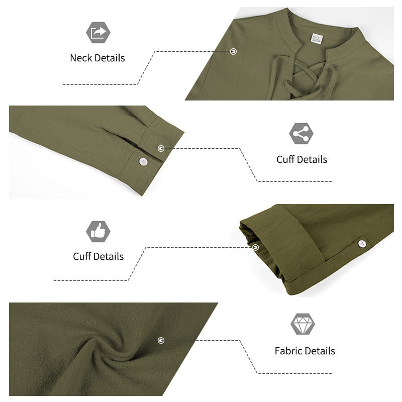 Camisa tipo henley de lino verde oliva para hombre, con mangas largas, escote con cordones y puños abotonados, diseñada para el estilo de mangas arremangables.