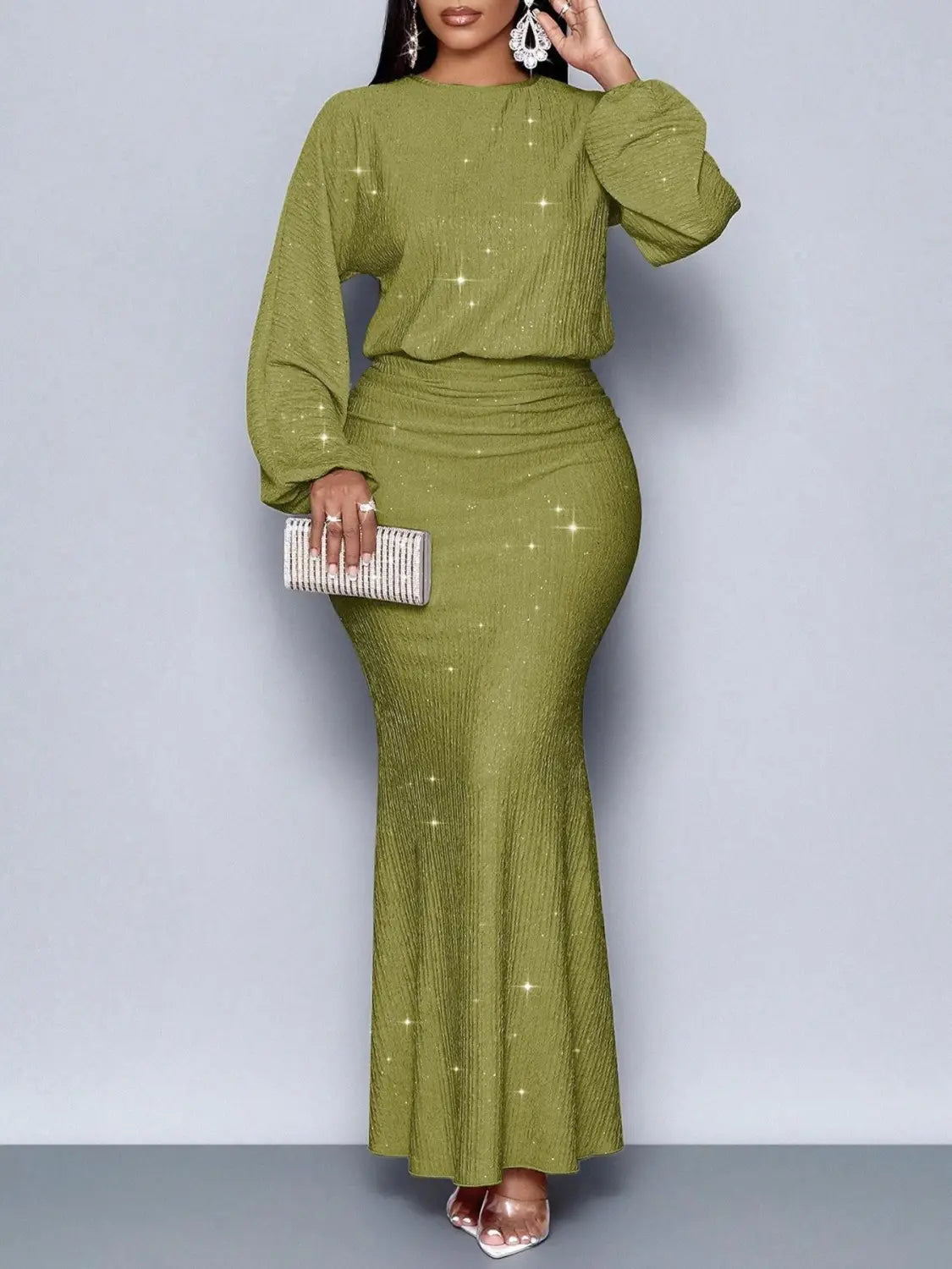olive green sequined two piece set featuring lantern sleeves and a fitted mermaid skirt made from shimmering sequin material.