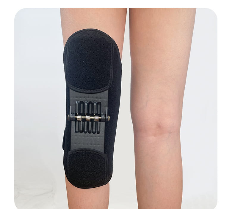Soporte para rodillera elevadora negro equipado con resortes metálicos ajustables y correas de tejido acolchado, diseñado para trepar y correr.