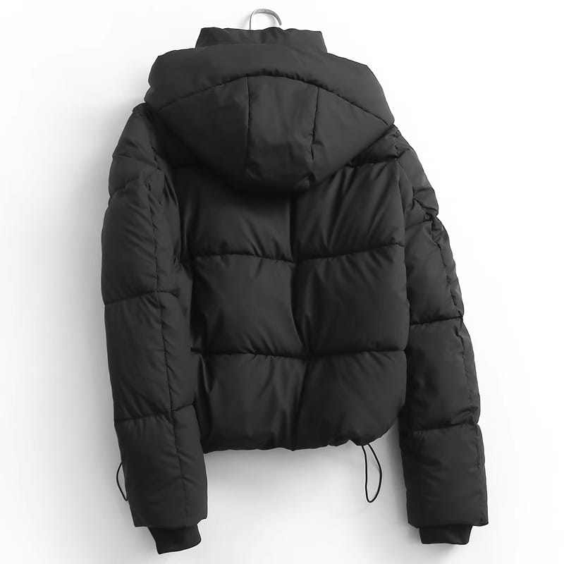 Black hooded puffer cotton coat with quilted design and insulated warmth for cold weather use.